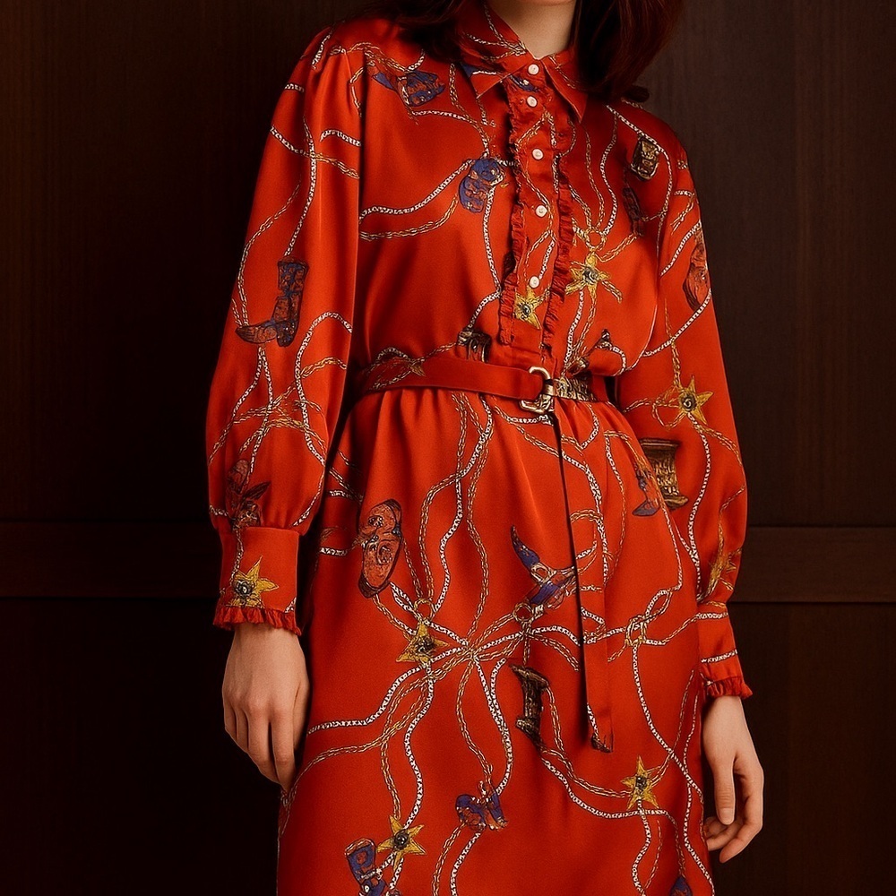 Sandro red silk cowboy boot western style long sleeve dress - Picture 6 of 16
